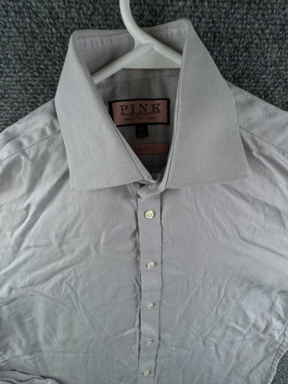 Thomas Pink Long Sleeve Button Up Shirt Men 15.5 Slim Fit Gray Striped French